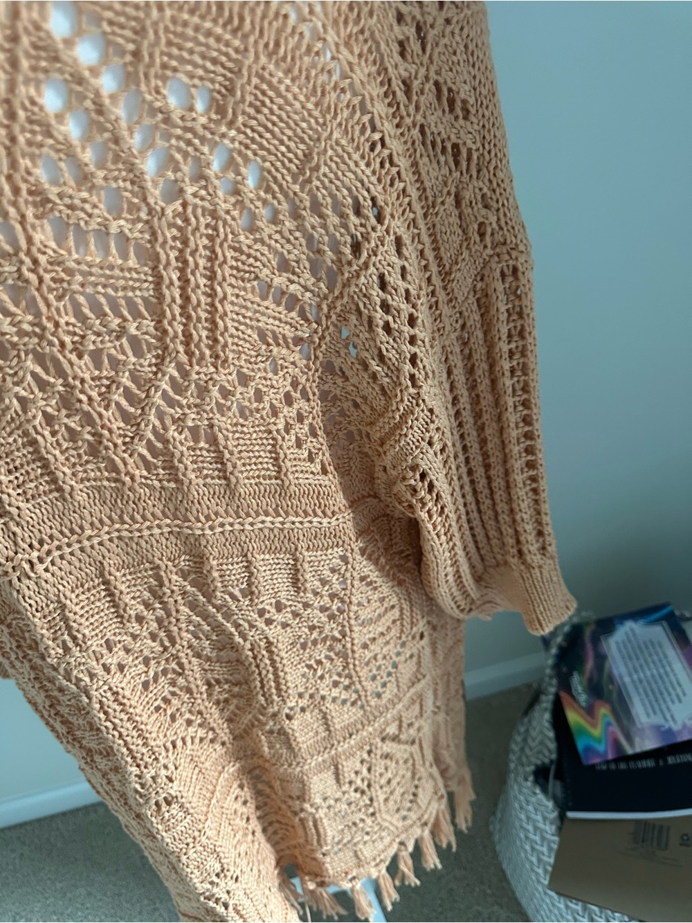 Open-Knit Fringe Poncho Sweater in Peach